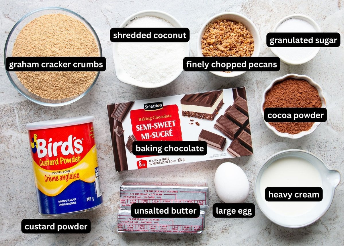 A labelled image of ingredients needed to make Nanaimo Bars.