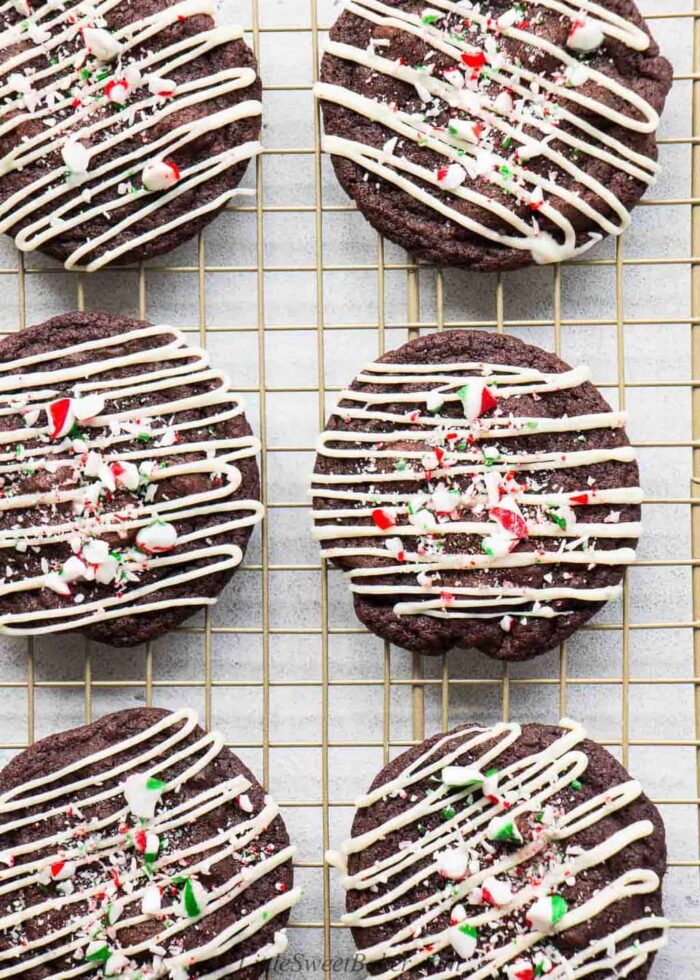 chocolate peppermint cookies on a gold cooling rack