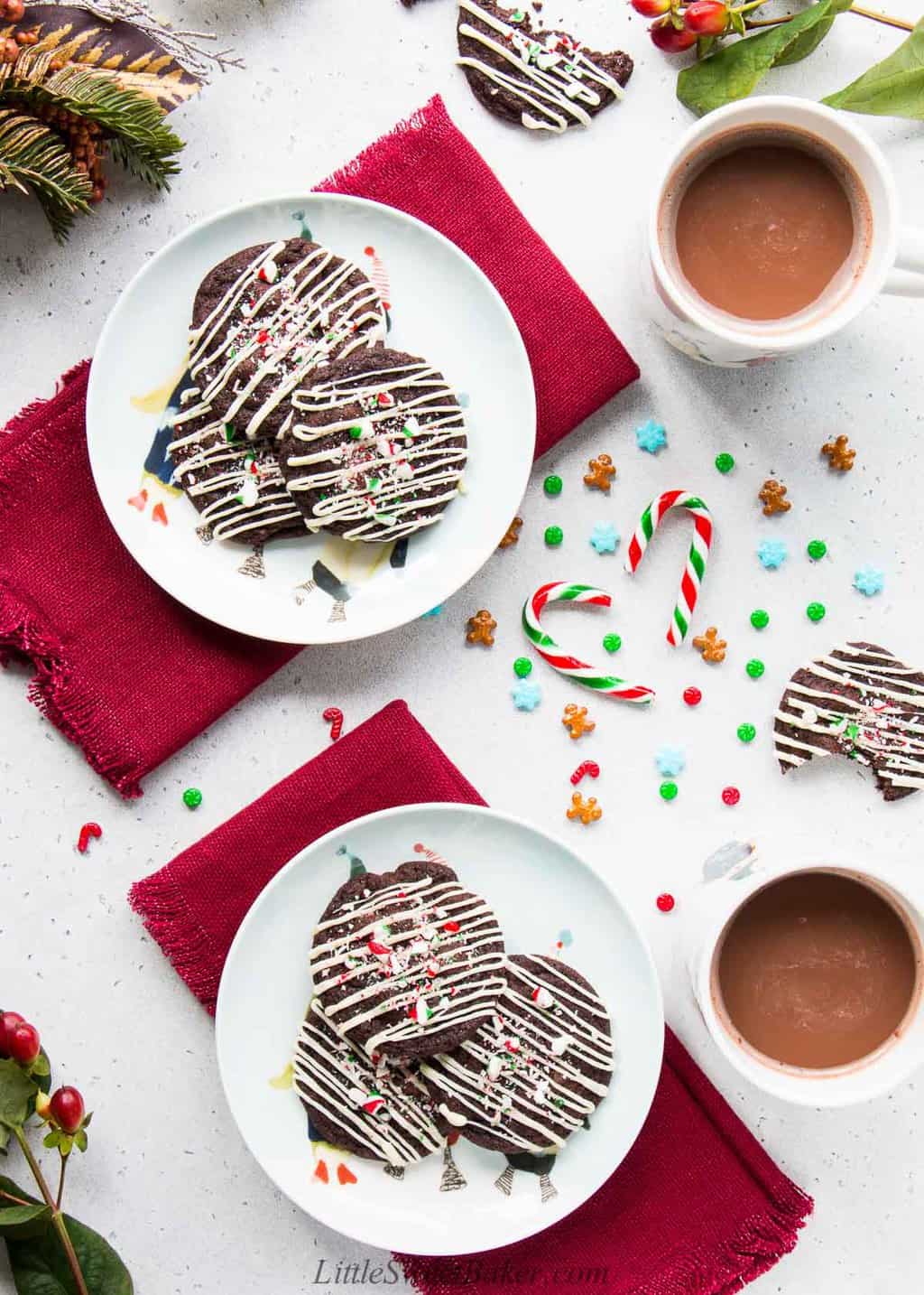 chocolate peppermint cookies on plates and red napkins
