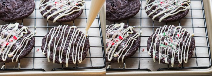 double chocolate cookies drizzled with white chocolate and topped with crushed candy canes