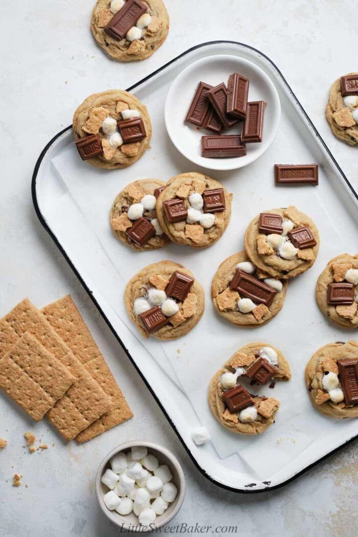 S'mores cookies in a white metal pan.