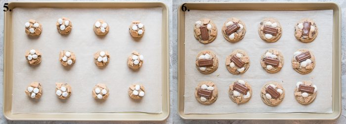 Before and after s'mores cookies baked and topped with Hershey's chocolate.