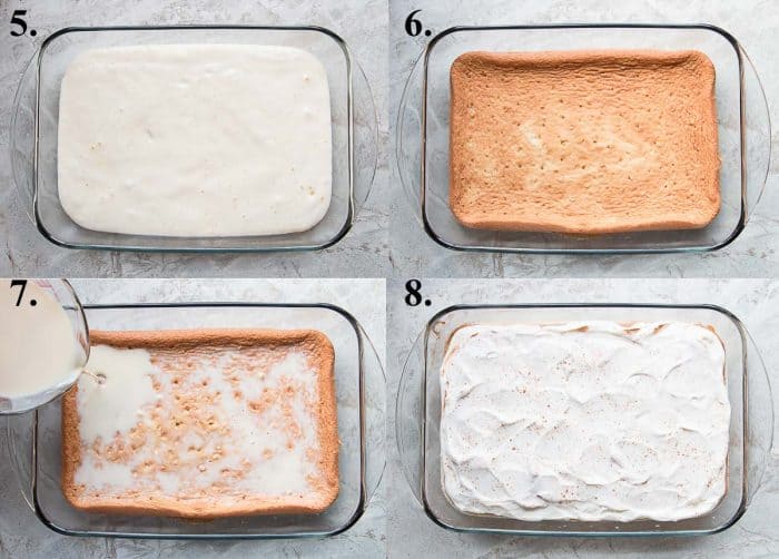 A picture collage of how to  make tres leches cake.