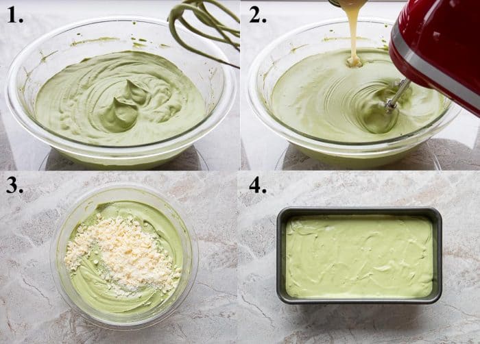 A picture collage of how to make no-churn matcha ice cream.