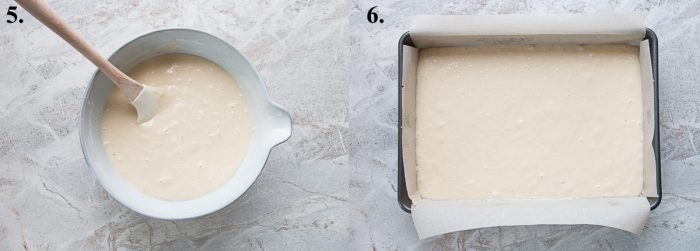 Vanilla cake batter in a mixing bowl and baking pan.