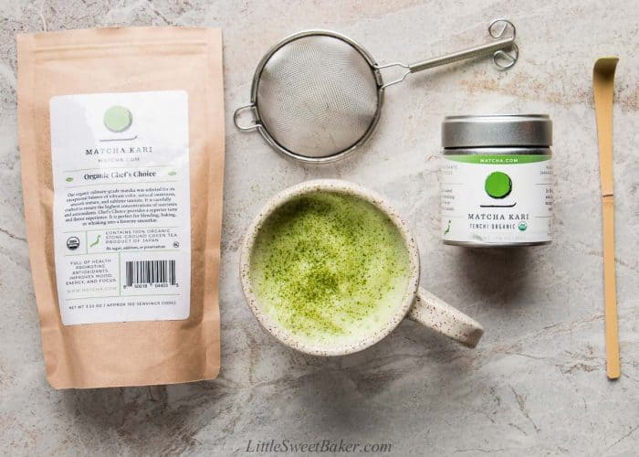 Matcha Kari products with a cup of matcha latte.