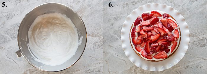 Whipped cream in a mixing bowl and a cake topped with strawberries and cream