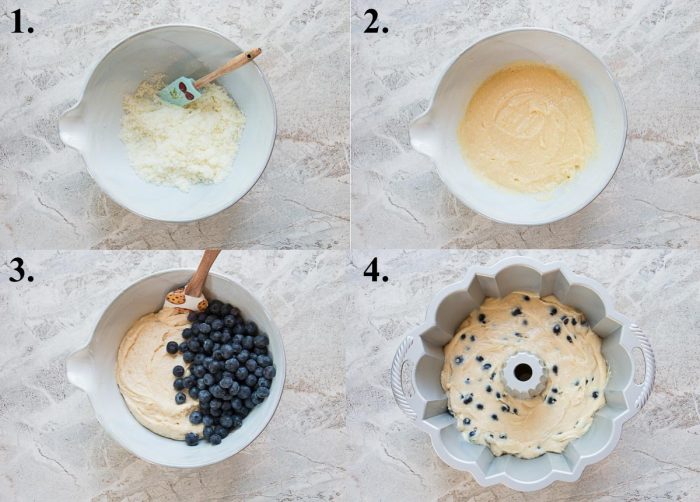 a picture collage of how to  make lemon blueberry cake