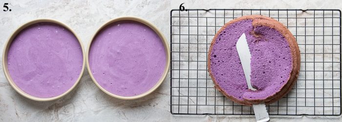 ube cake batter and baked ube cake being trimmed