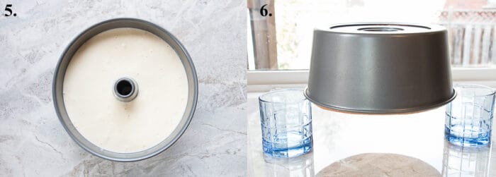 Lemon chiffon cake batter in pan then baked and cooling upside down.