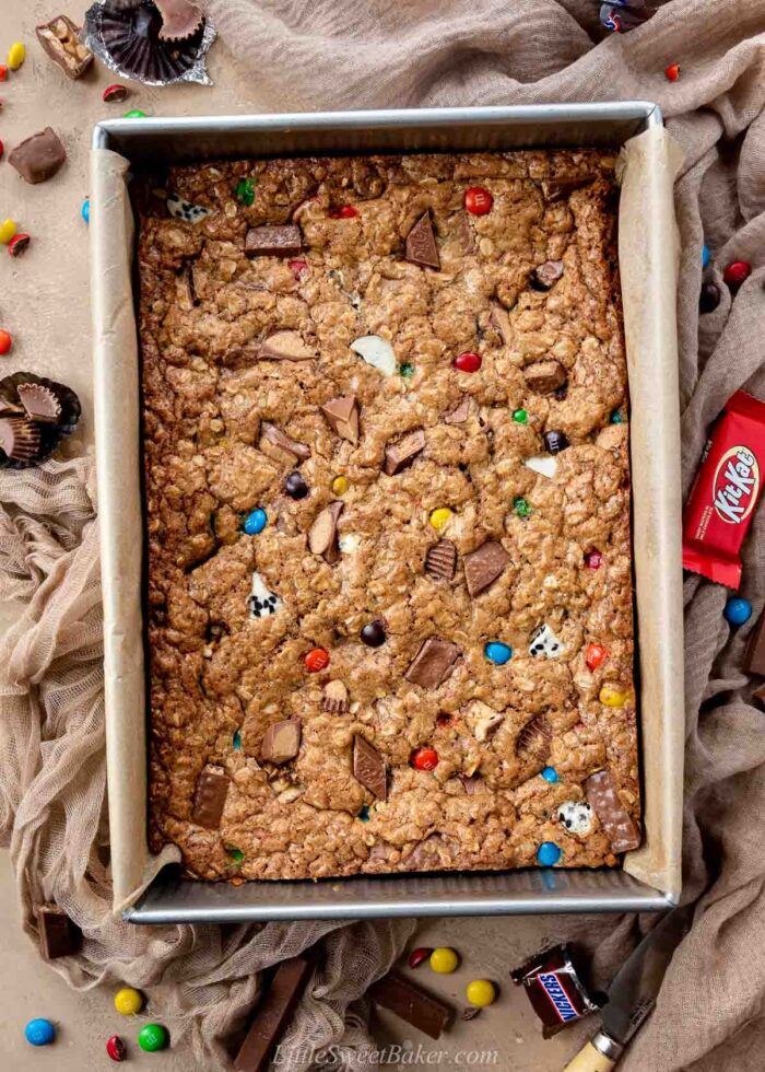 Halloween candy cookie bars uncut in baking tray 