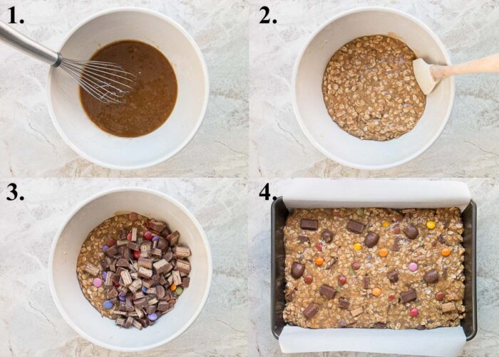 picture collage of how to make leftover Halloween candy cookie bars