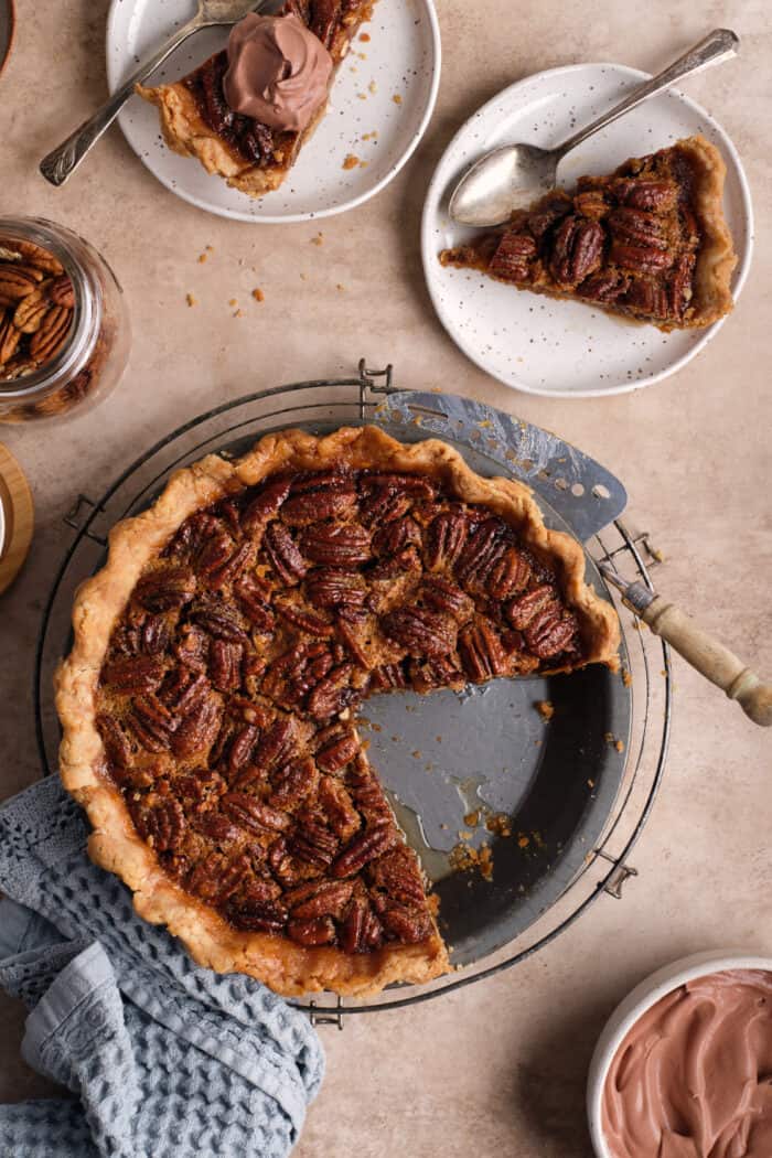 Pecan pie with a two slices plated