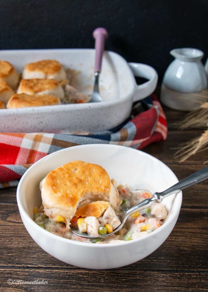 A bowl of leftover turkey and biscuit casserole