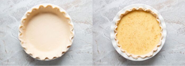 a raw pie crust then prebaked with eggnog custard filling