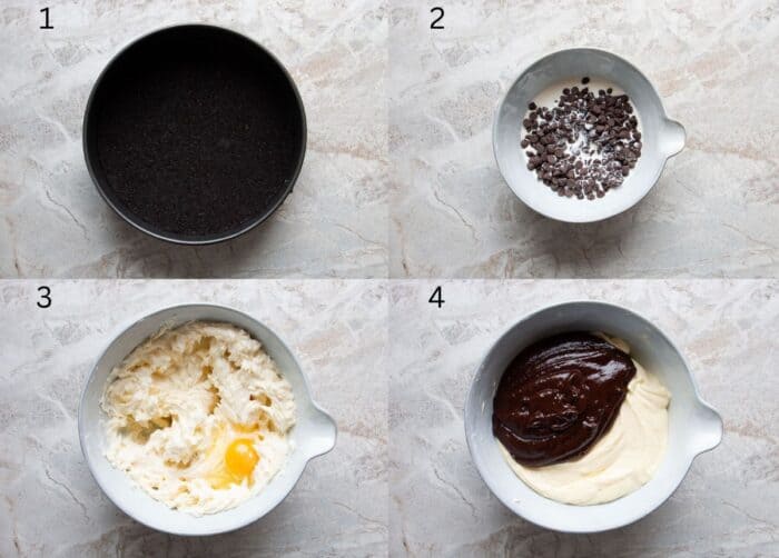 steps 1-4 of how to make a chocolate cheesecake