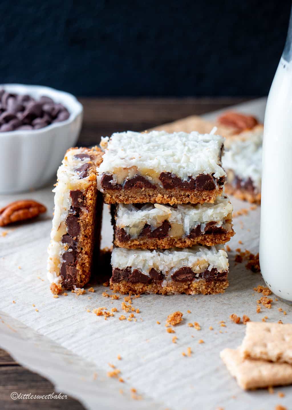 three magic cookies bars stacked with one on its side