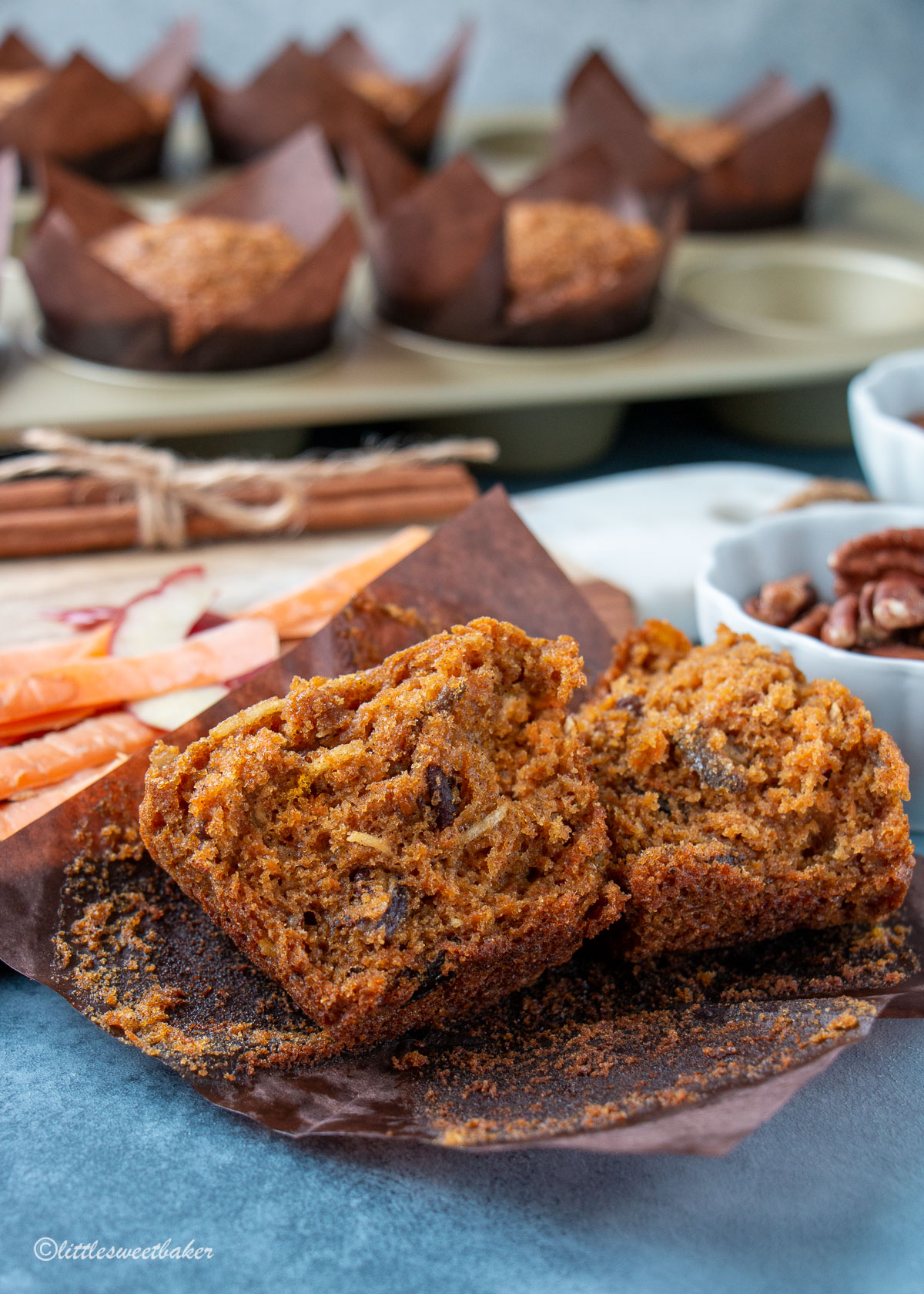 A morning glory muffin broken in half