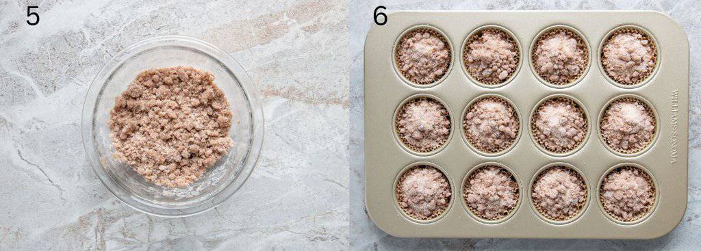 image of streusel in a bowl and on top of coffee cake muffins