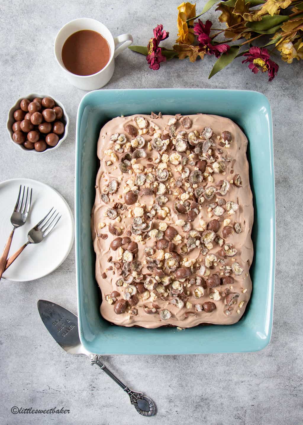 A whole chocolate malt cake with whipped cream frosting in a cake pan on a light grey background.