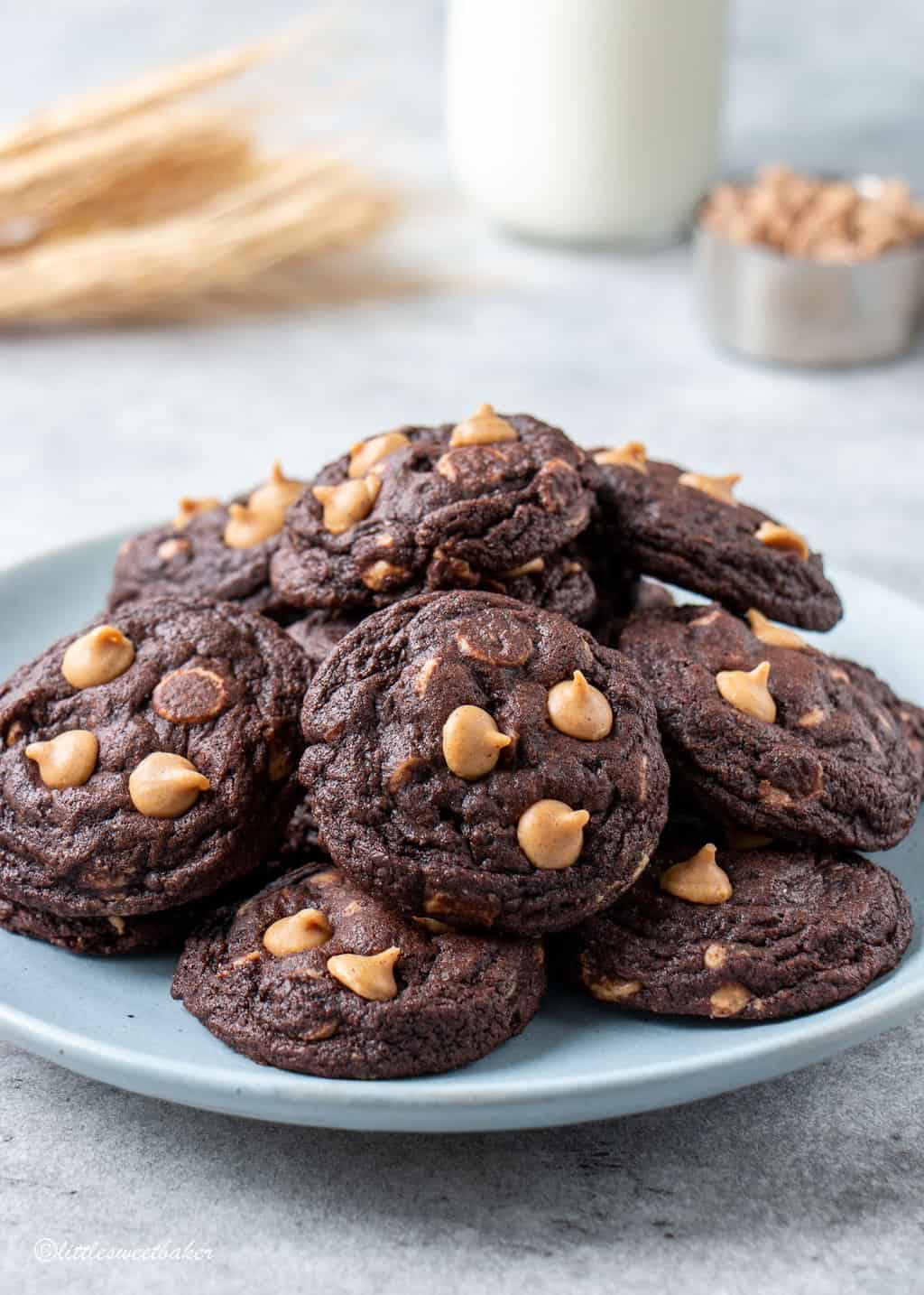 A plate of chocolate peanut butter chip cookies