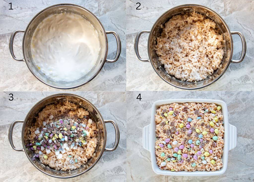 image collage of how to make rice krispie treats with mini eggs