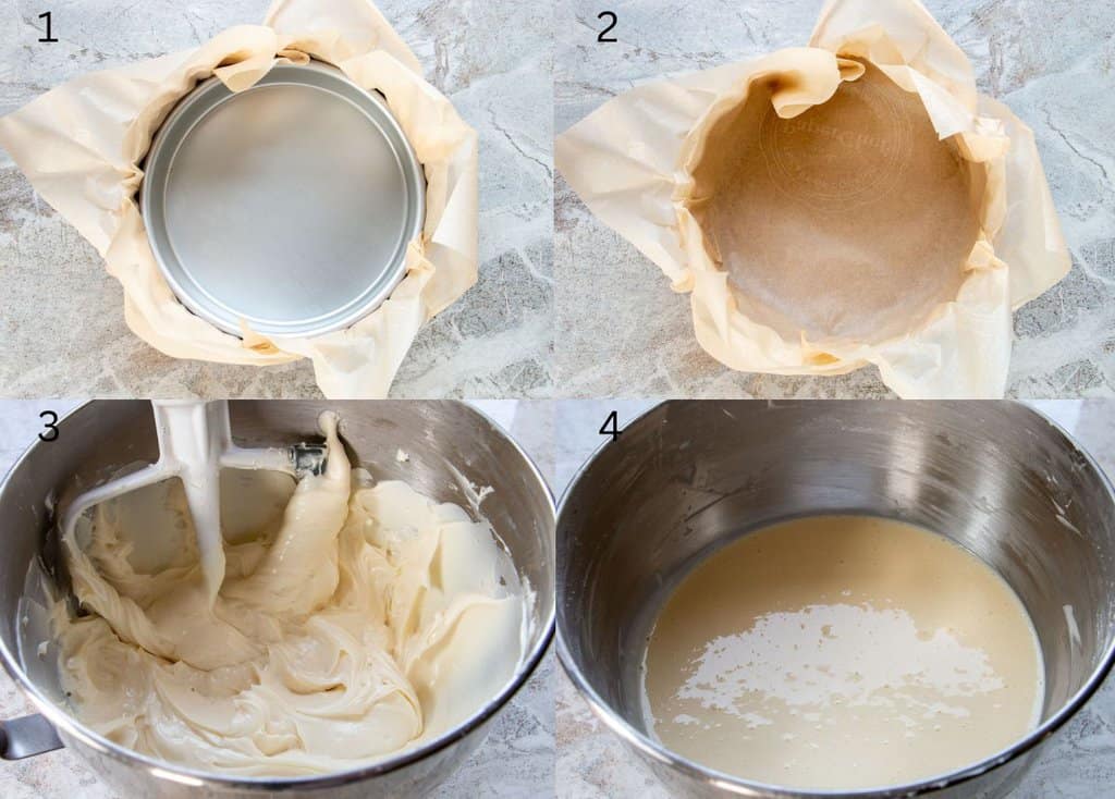a pic collage of how to make to line a springform pan for basque cheesecake and how to prepare the batter