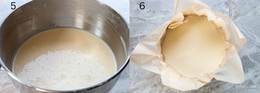 a pic collage of a basque cheesecake batter in a bowl and a springform pan