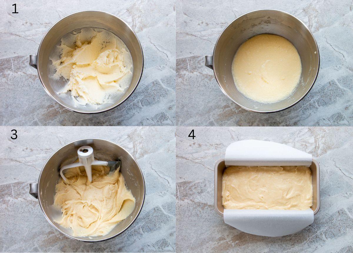 Process shots of how to make cream cheese pound cake.