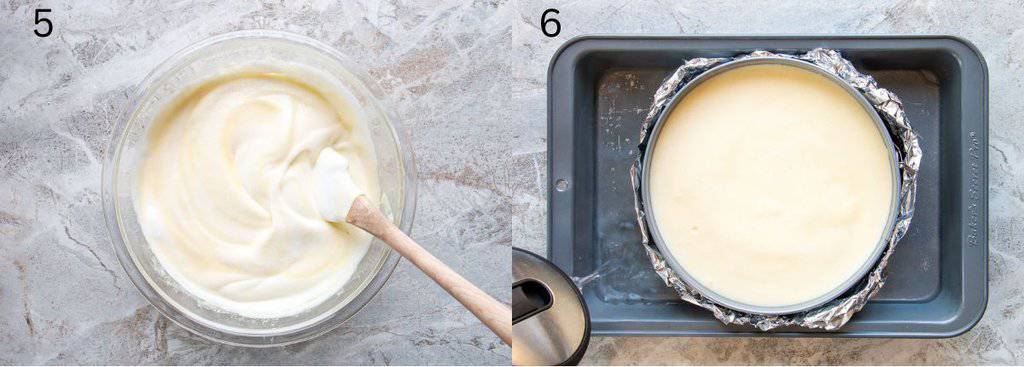 two images, one showing cotton cheesecake batter in a bowl and the other in a springform pan