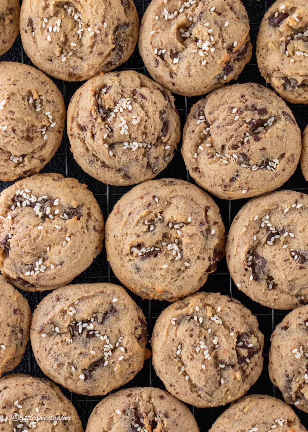Miso chocolate chip cookies on a cooling rack.