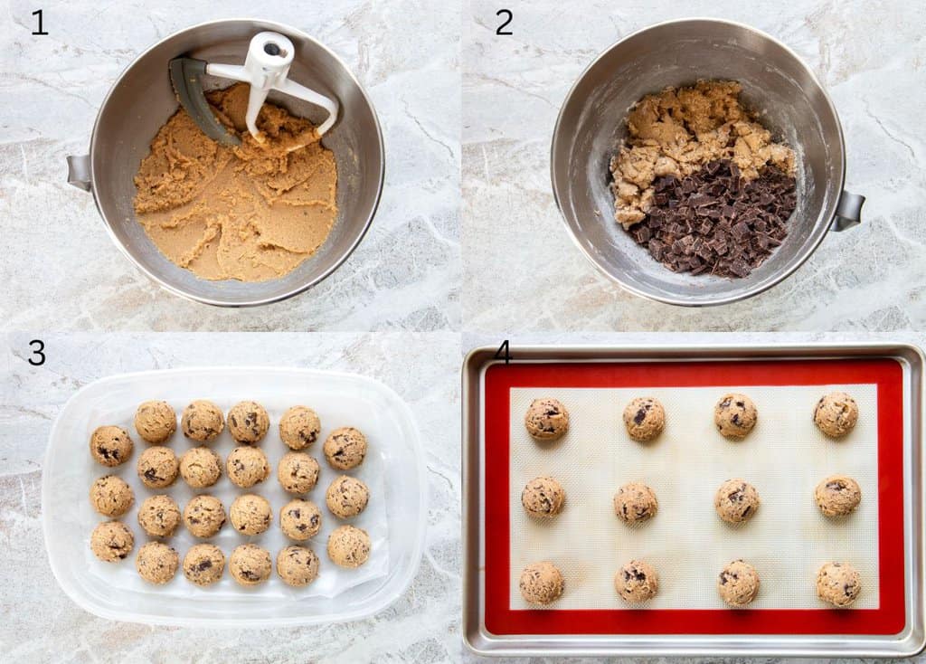 process pictures of how to make miso chocolate chip cookies