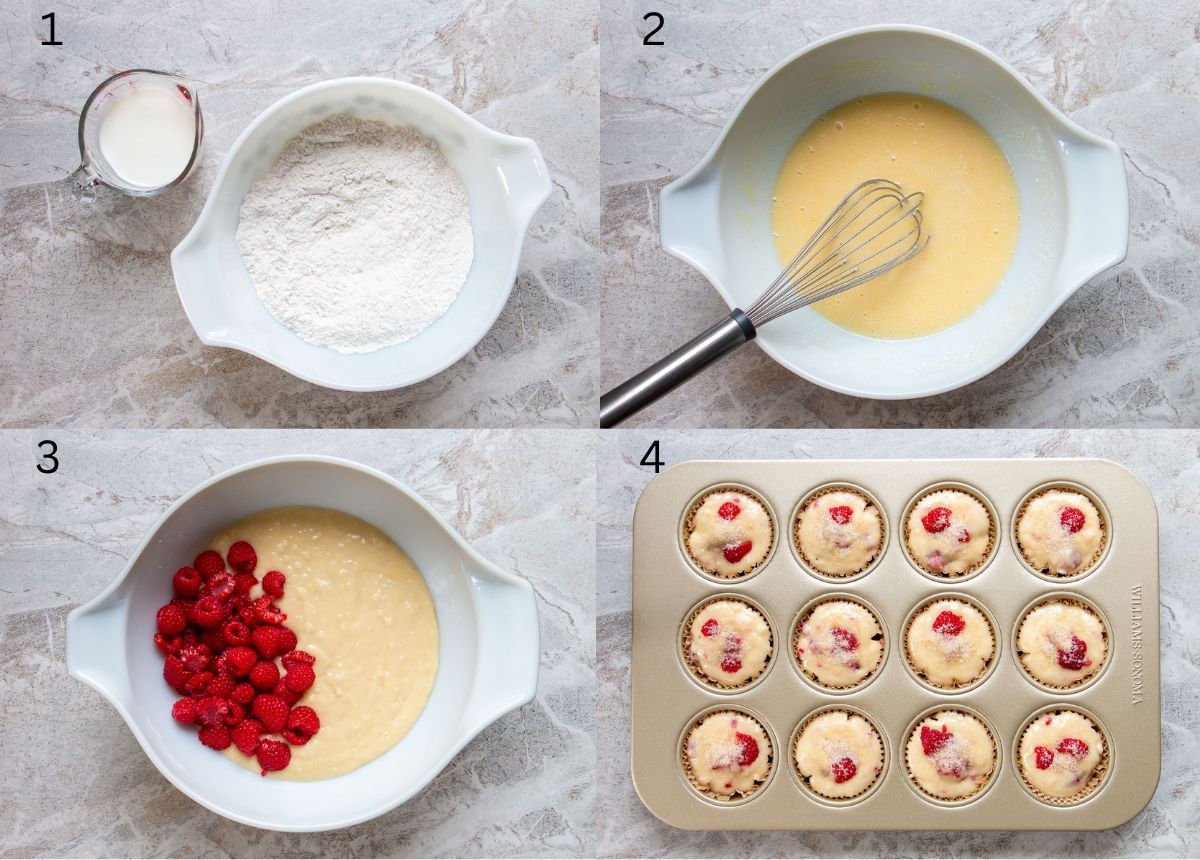 Picture collage of how to make raspberry muffins.