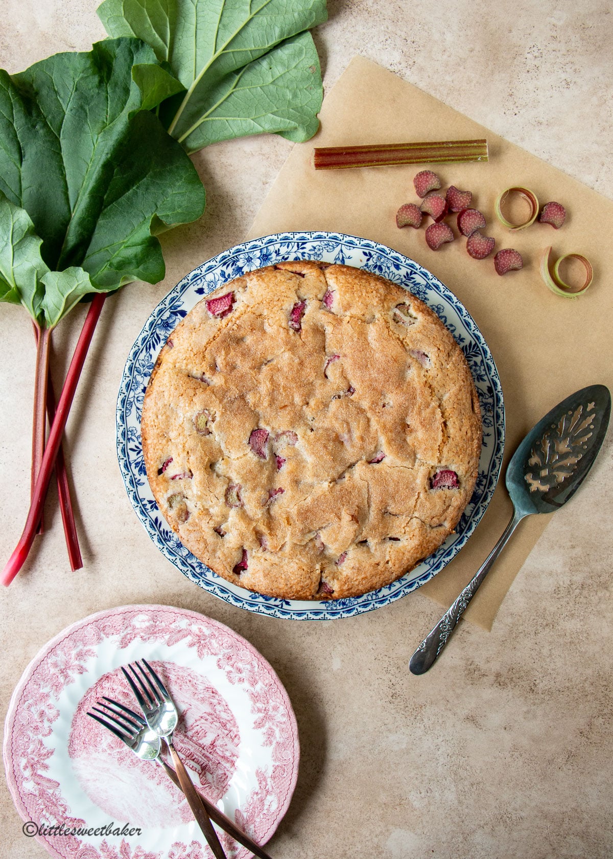 A whole rhubarb cake on a blue and white plate surrounded by rhubarb on the light brown surface.