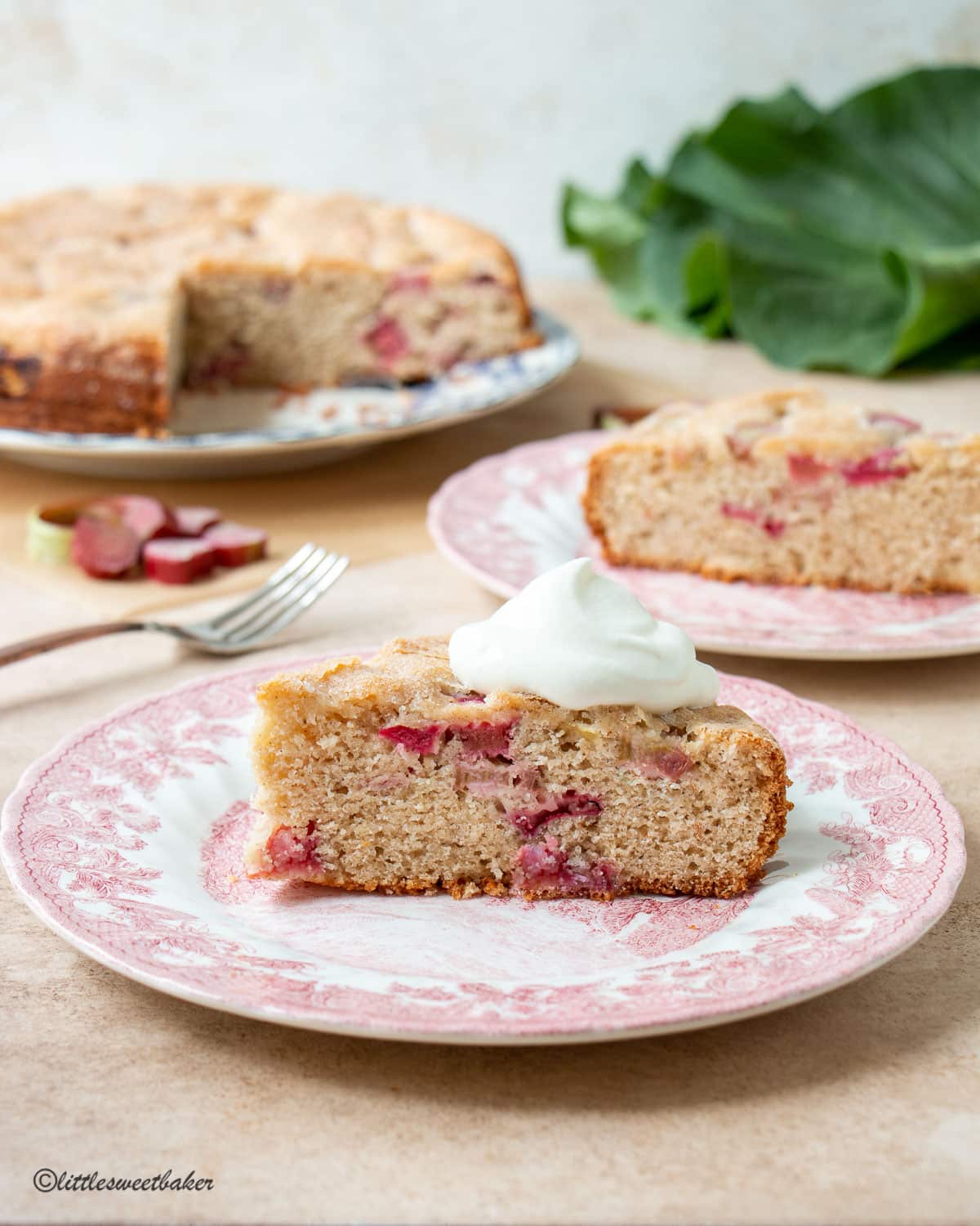 A slice of rhubarb cake topped with whipped cream on a pink vintage plate.