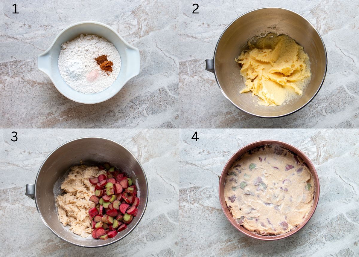 picture collage of how to make rhubarb cake