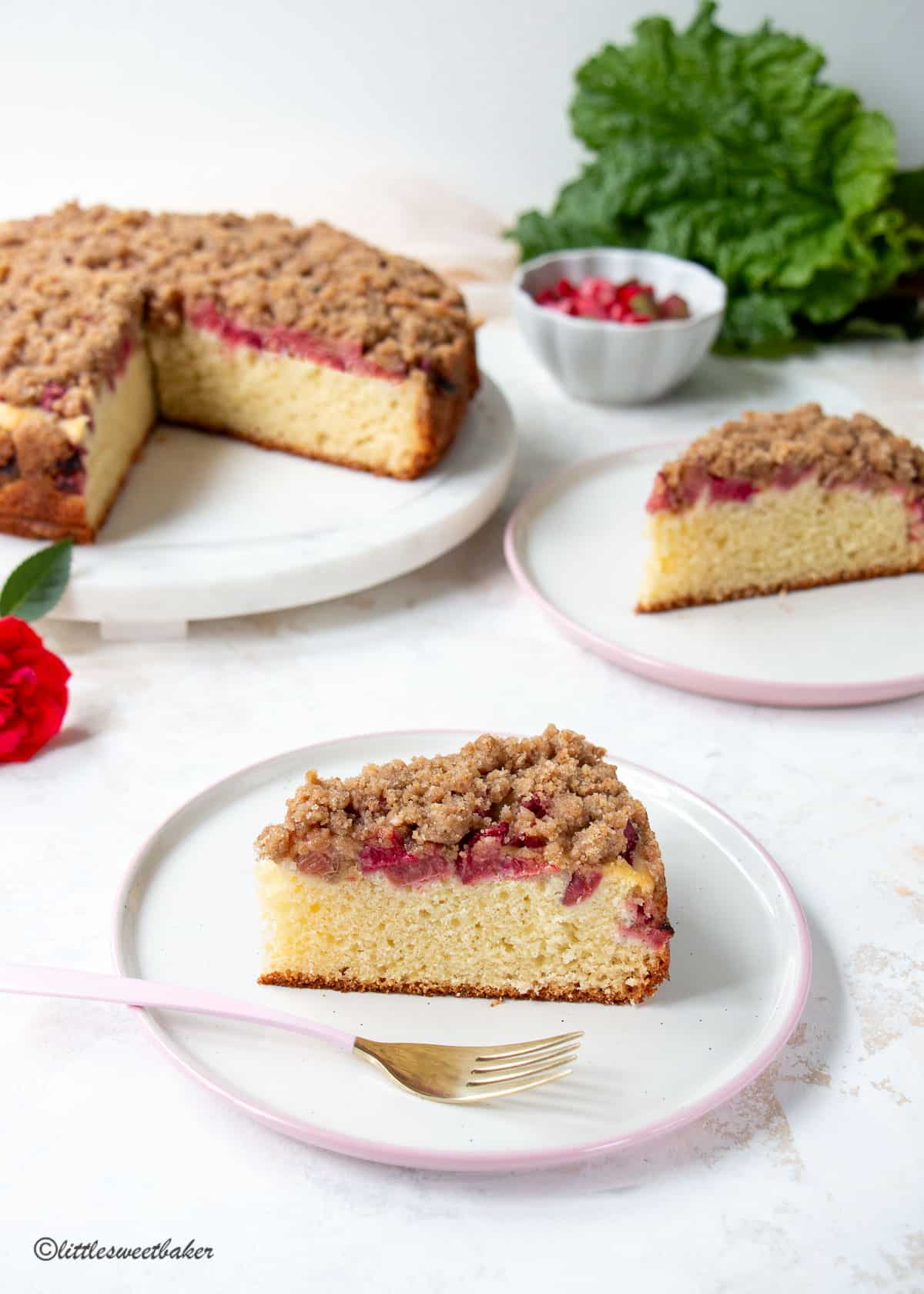 A slice of rhubarb coffee cake on a pink and white plate with another sliced plated and rest of the cake behind it.