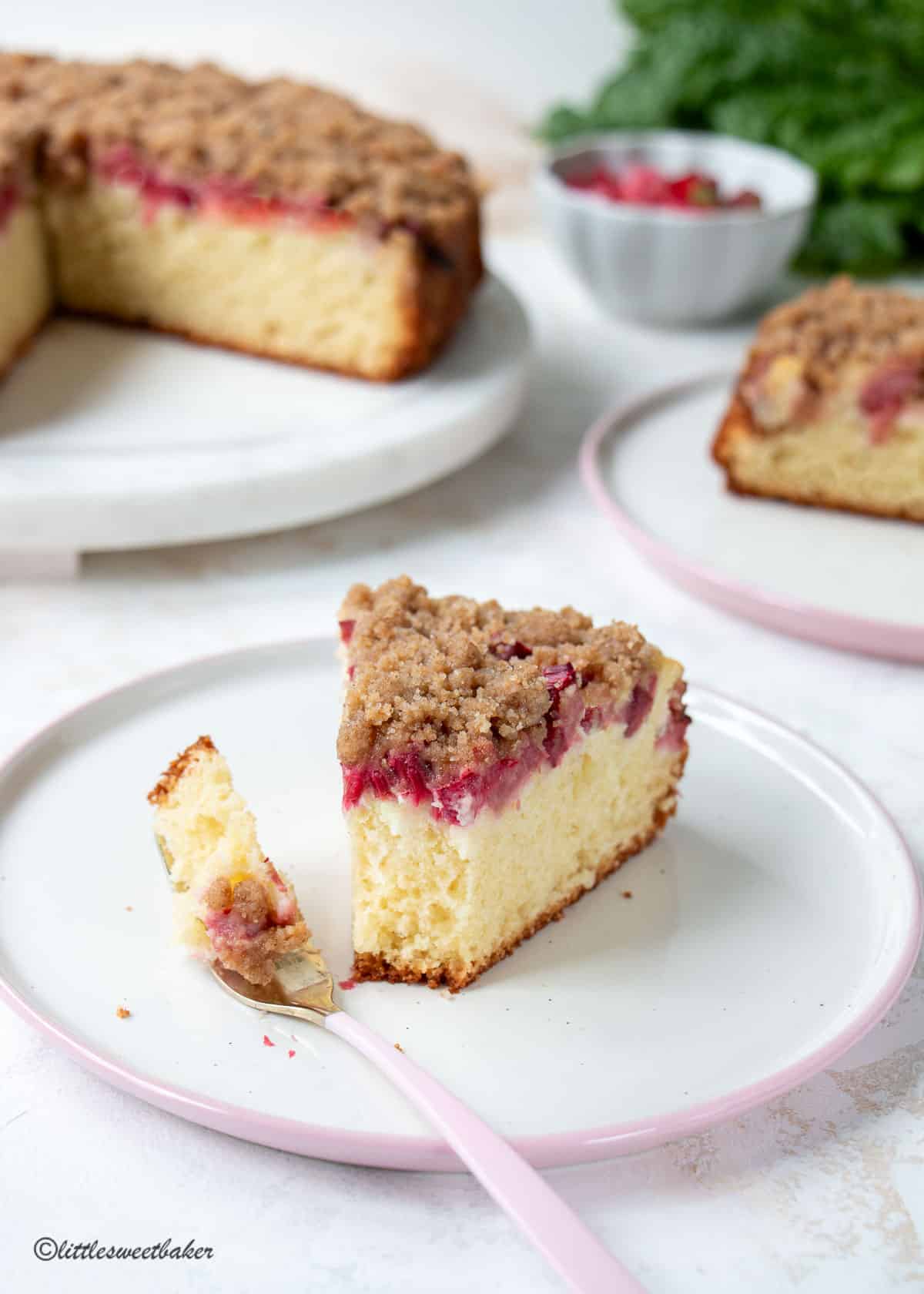 A slice of rhubarb coffee cake on a white and pink plate with a piece on a fork.