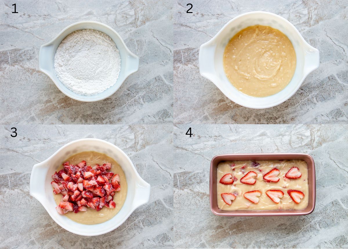 process shots of how to make strawberry bread