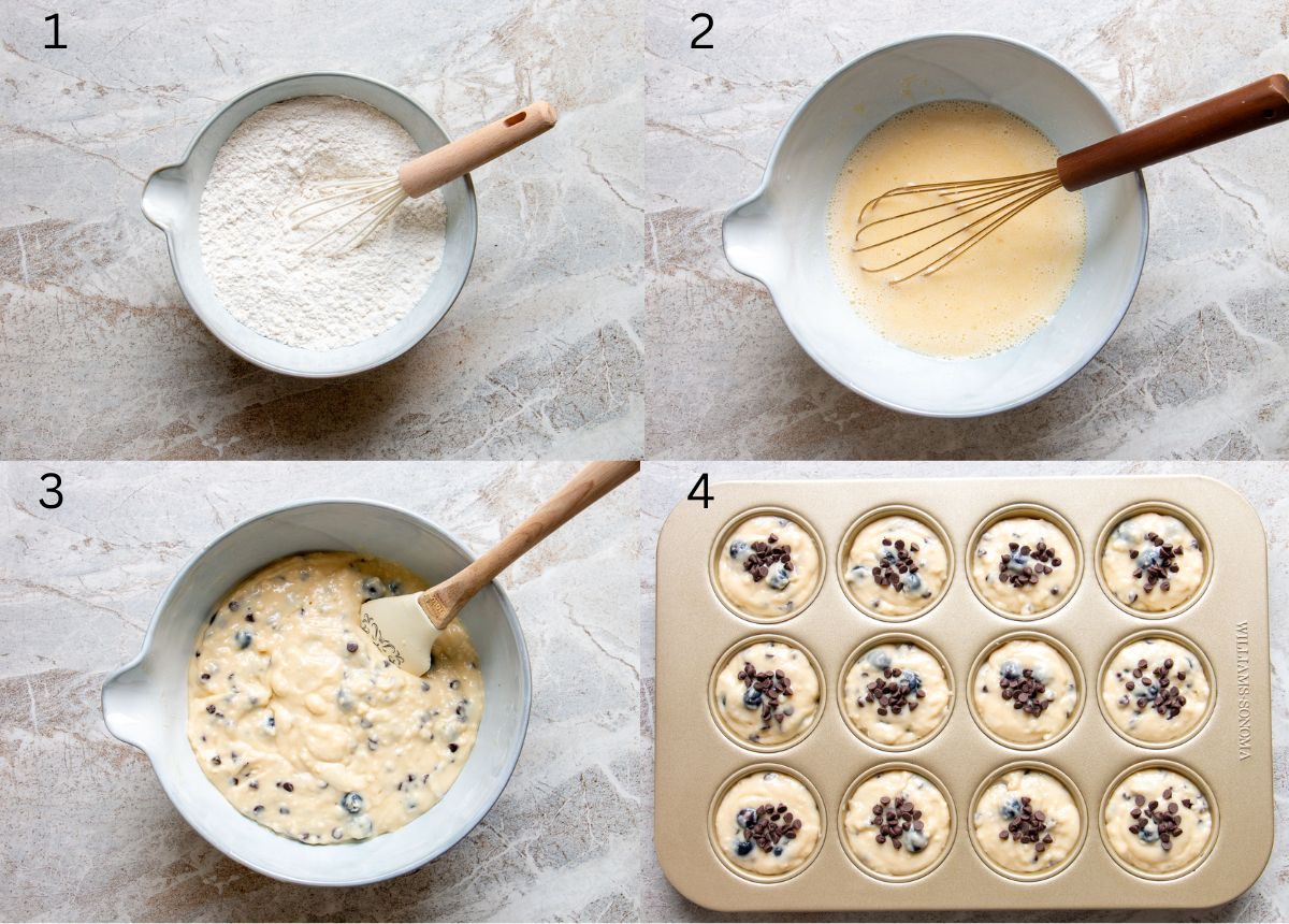 process image collage of how to make blueberry chocolate chip muffins
