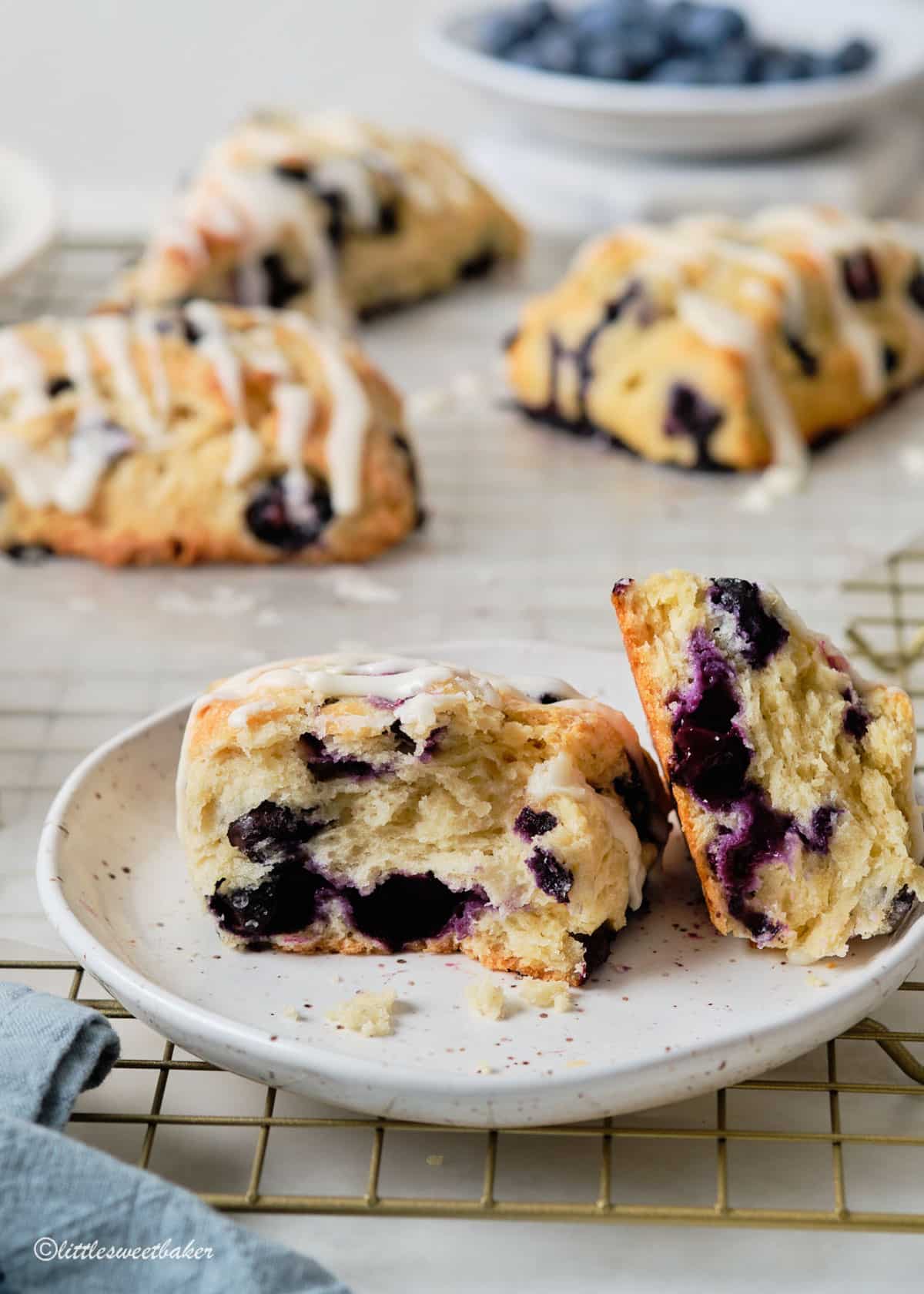 A blueberry scone broken in half on a speckled plate.