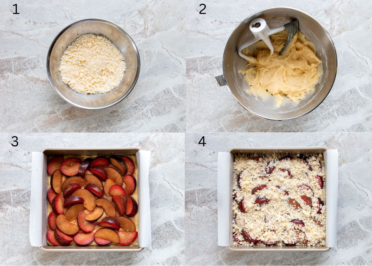 Picture collage of how to make German plum cake with streusel.