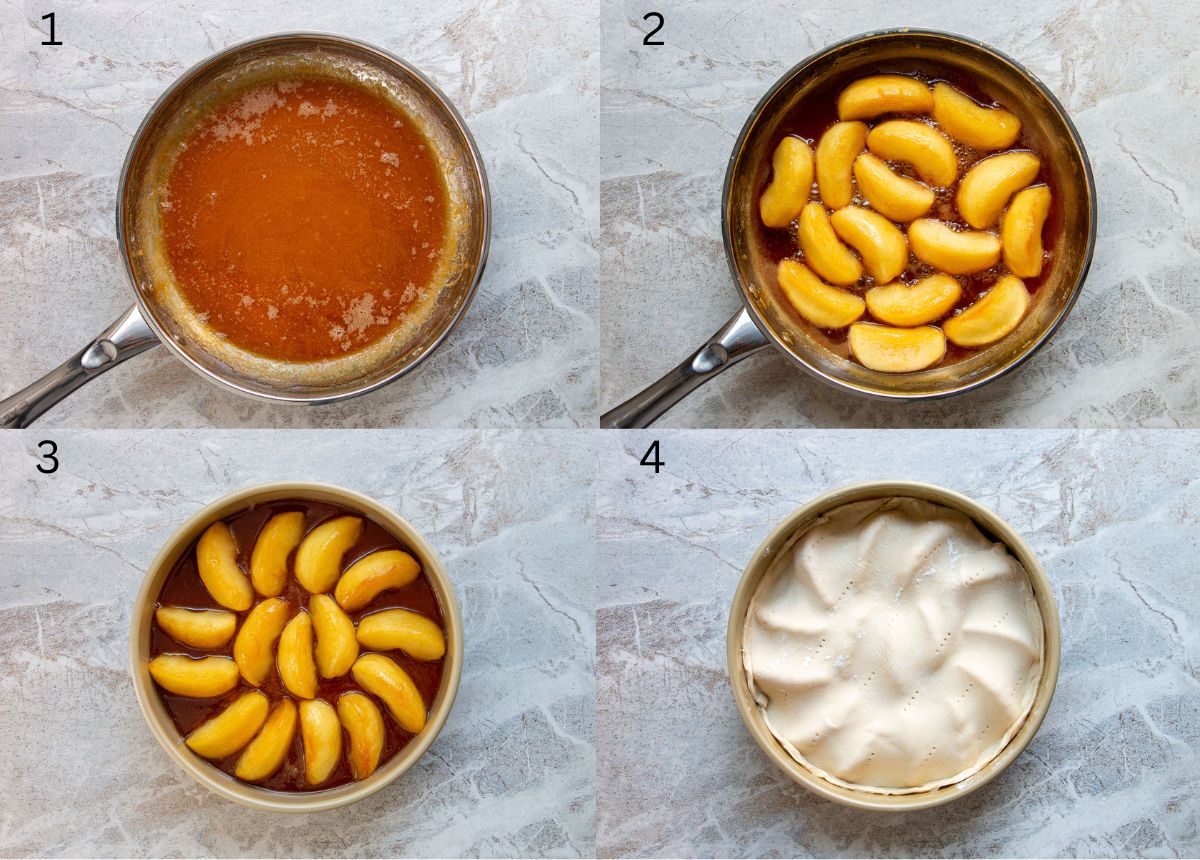 4 process shots of how to make apple tarte tatin.