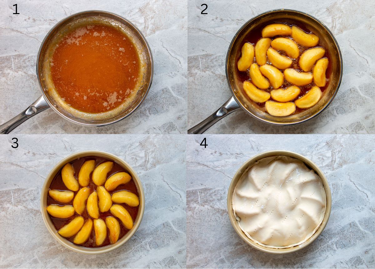 4 process shots of how to make apple tarte tatin.