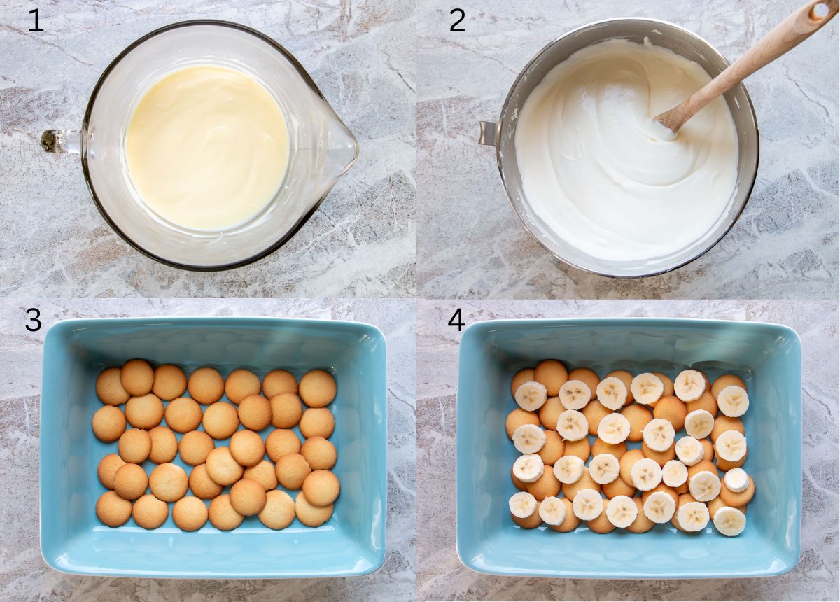 image collage of how to make banana pudding steps 1-4