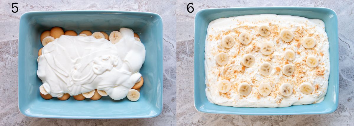 image collage of how to make banana pudding process 5-6
