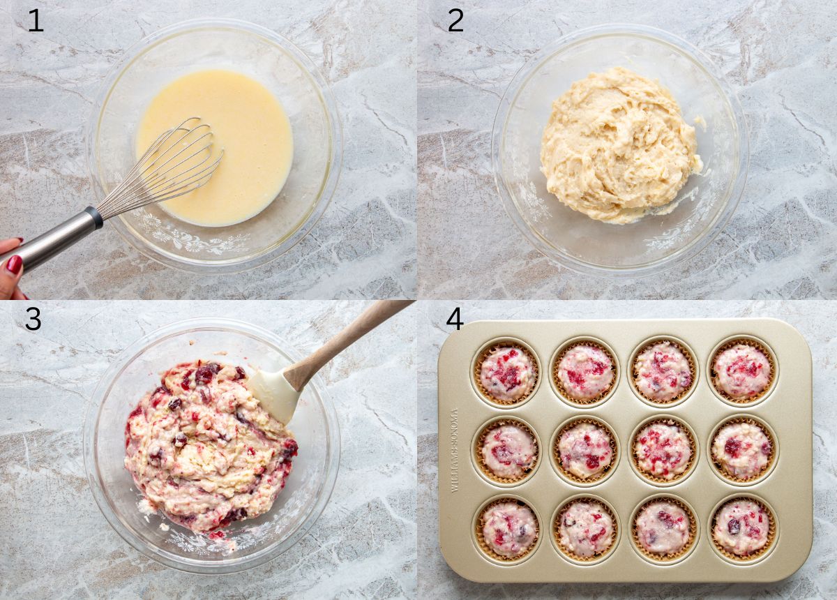 process shots of how to make cranberry sauce muffins