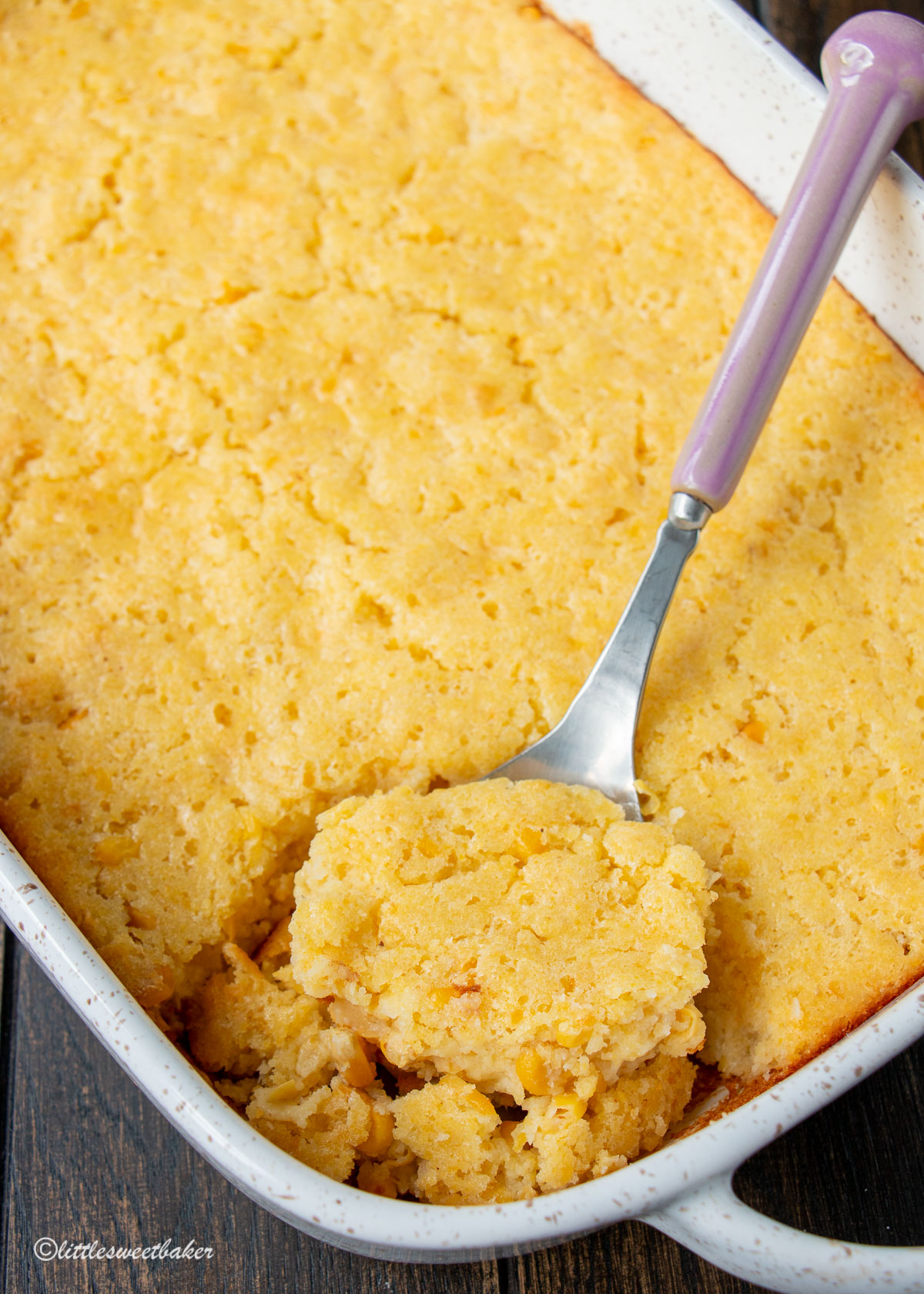 A casserole dish of Jiffy spoon bread.