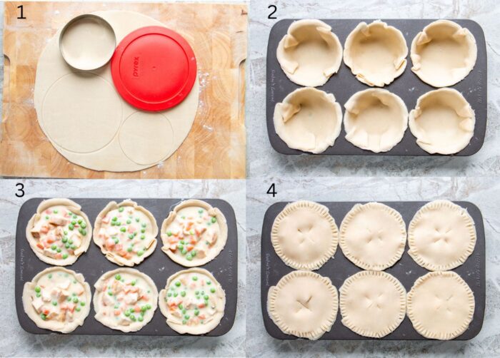 process shots of how to make mini turkey pot pies