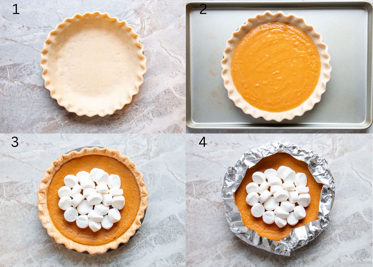 Process images of how to make sweet potato pie topped with marshmallows.